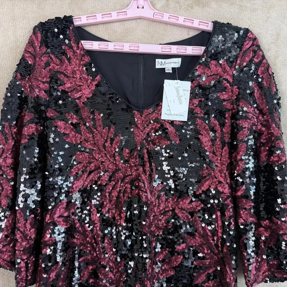 NWT Neiman Marcus Sequin Cocktail Dress Size 10 Split Sleeve maroon black Party